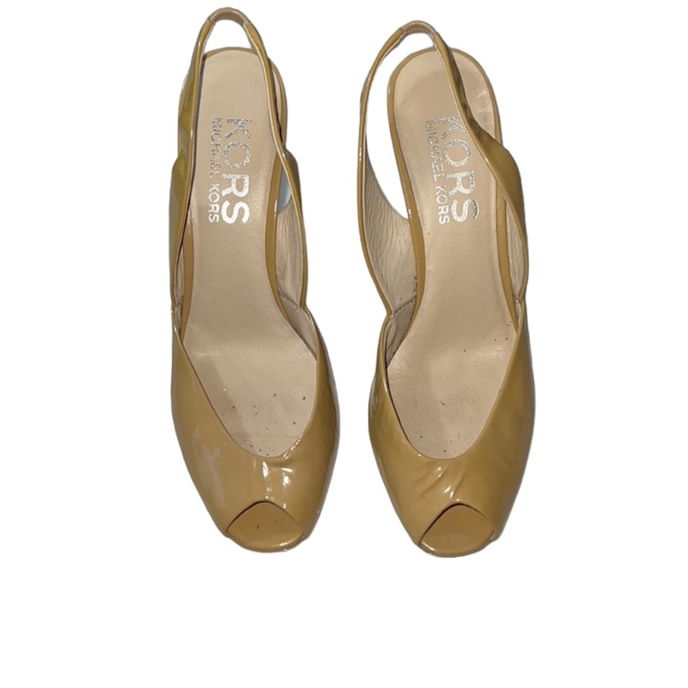 NO LONGER Available Michael Kors Tan Peep Toe 4” Wedge Size 9.5 M